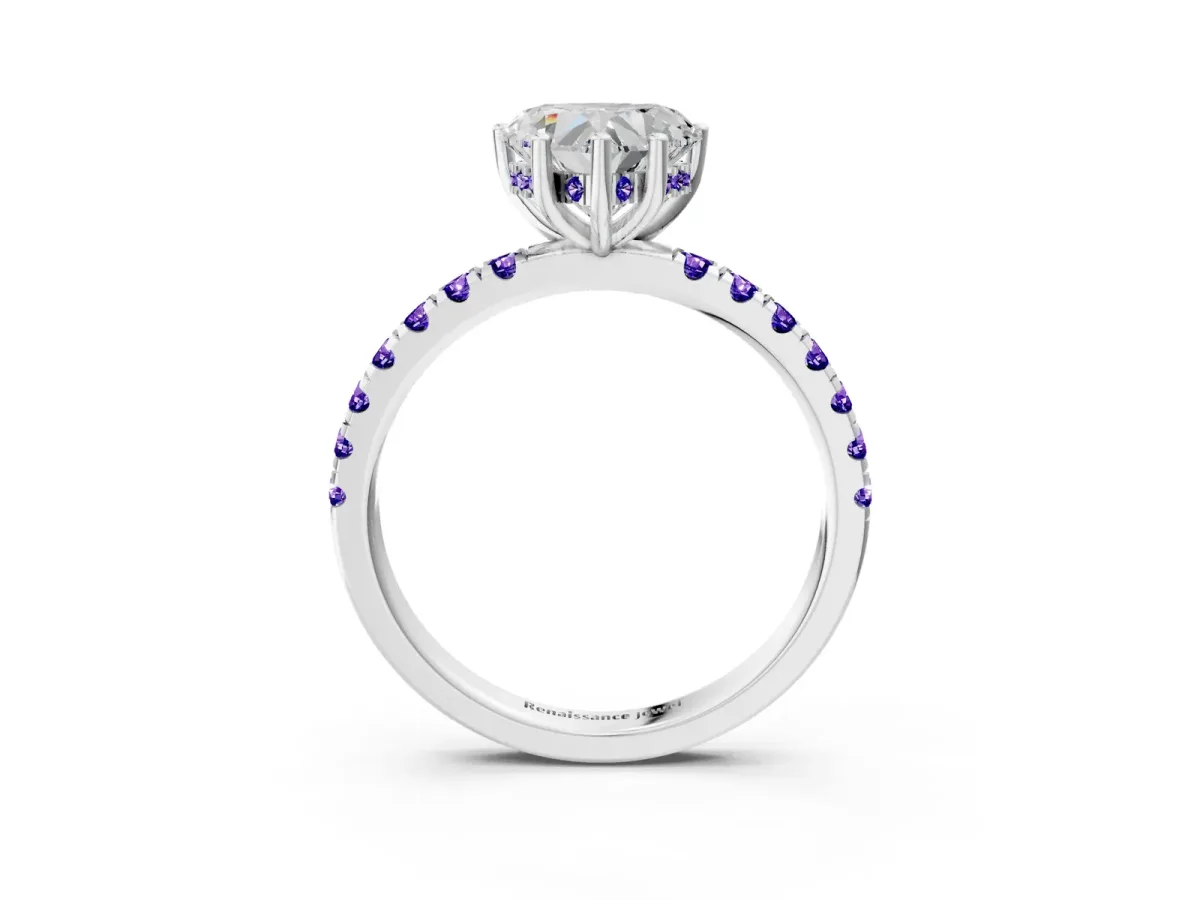 Heart Cut Diamond Pave Band Solitaire Ring with Round Tanzanite and Prong Setting Silver