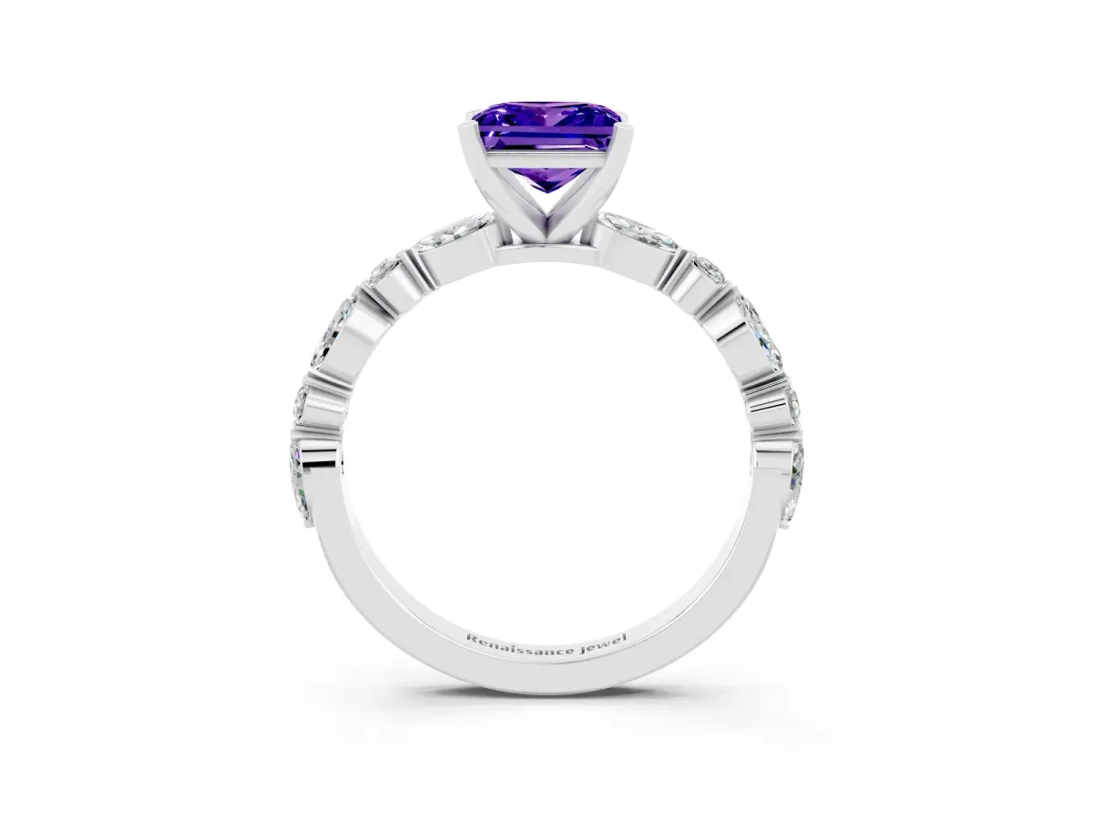 Princess Cut Tanzanite Ring with Marquise and Round Side Stones and Four-Prong Setting Silver