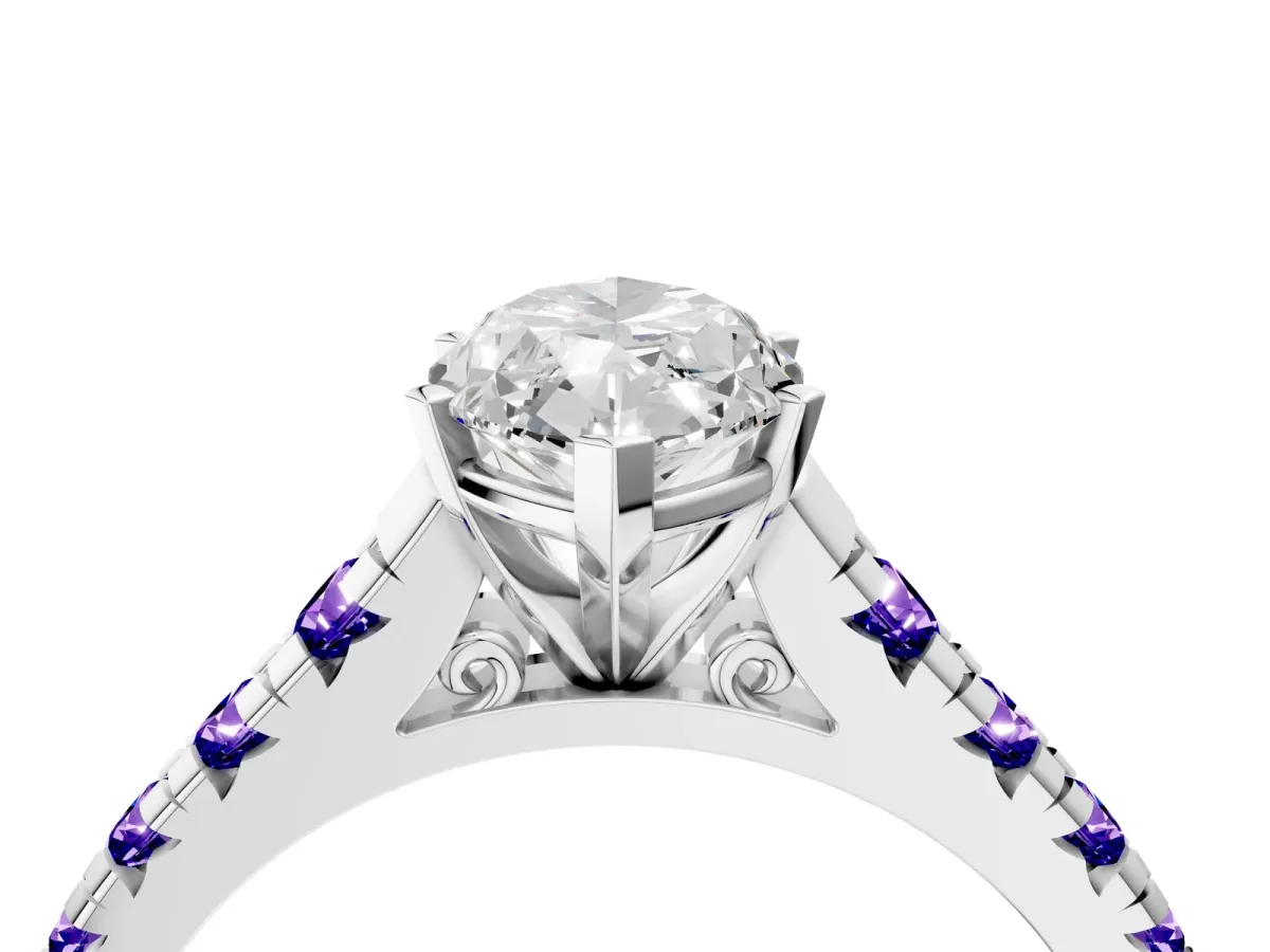 Marquise Cut Diamond Cathedral Solitaire Ring with Round Tanzanite Pavé Band Silver