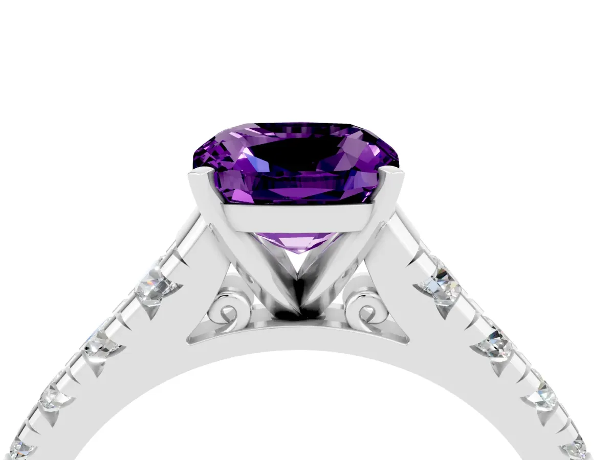 Cushion Cut Amethyst Cathedral Solitaire Ring with Round Pavé Band Silver