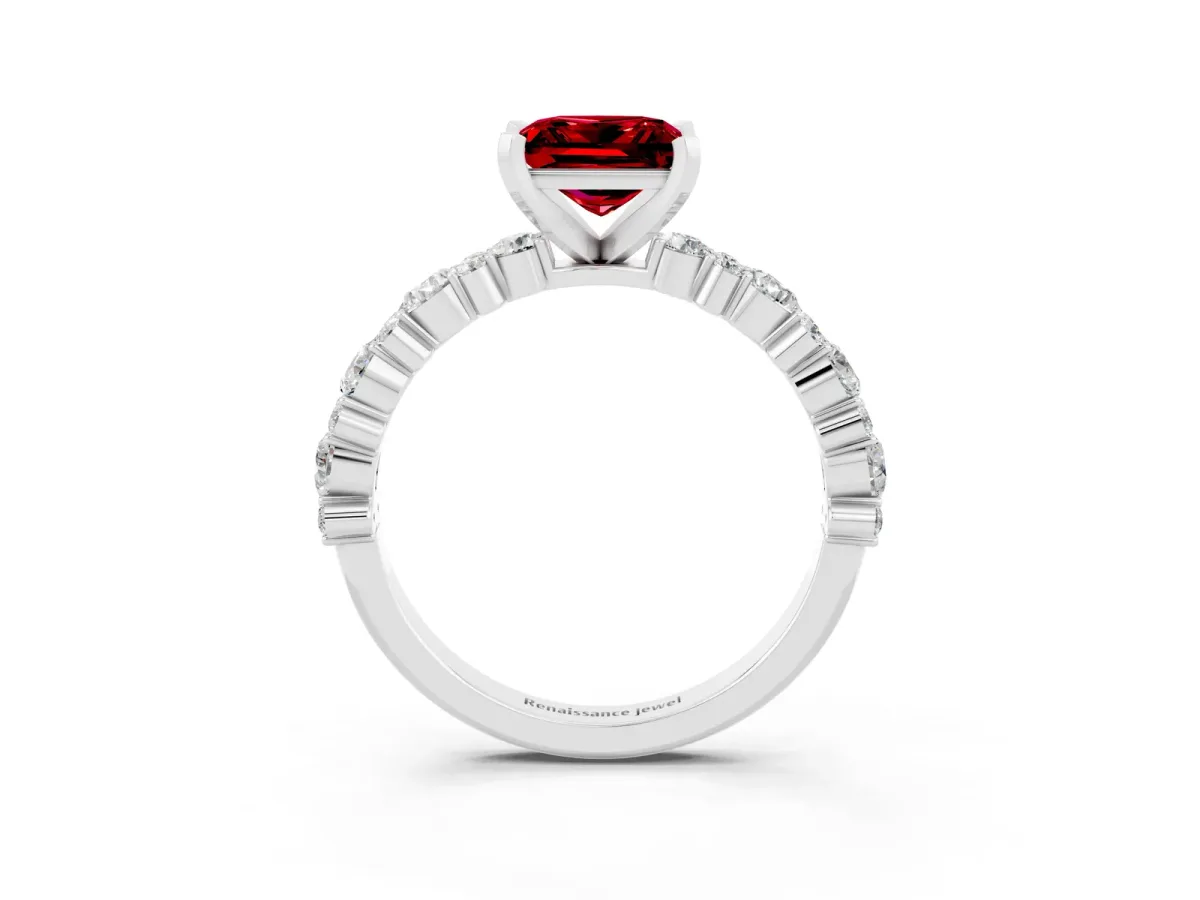 Princess Cut Ruby Side Stone Solitaire Ring with Round and Four-Prong Setting Platinum