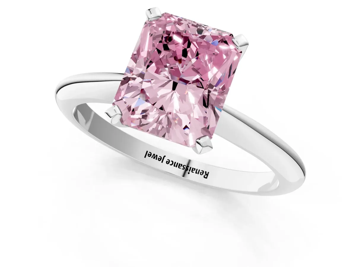 Fancy Pink Radiant Cut Diamond Solitaire Engagement Ring with Classic Band and Four-Prong Setting Silver
