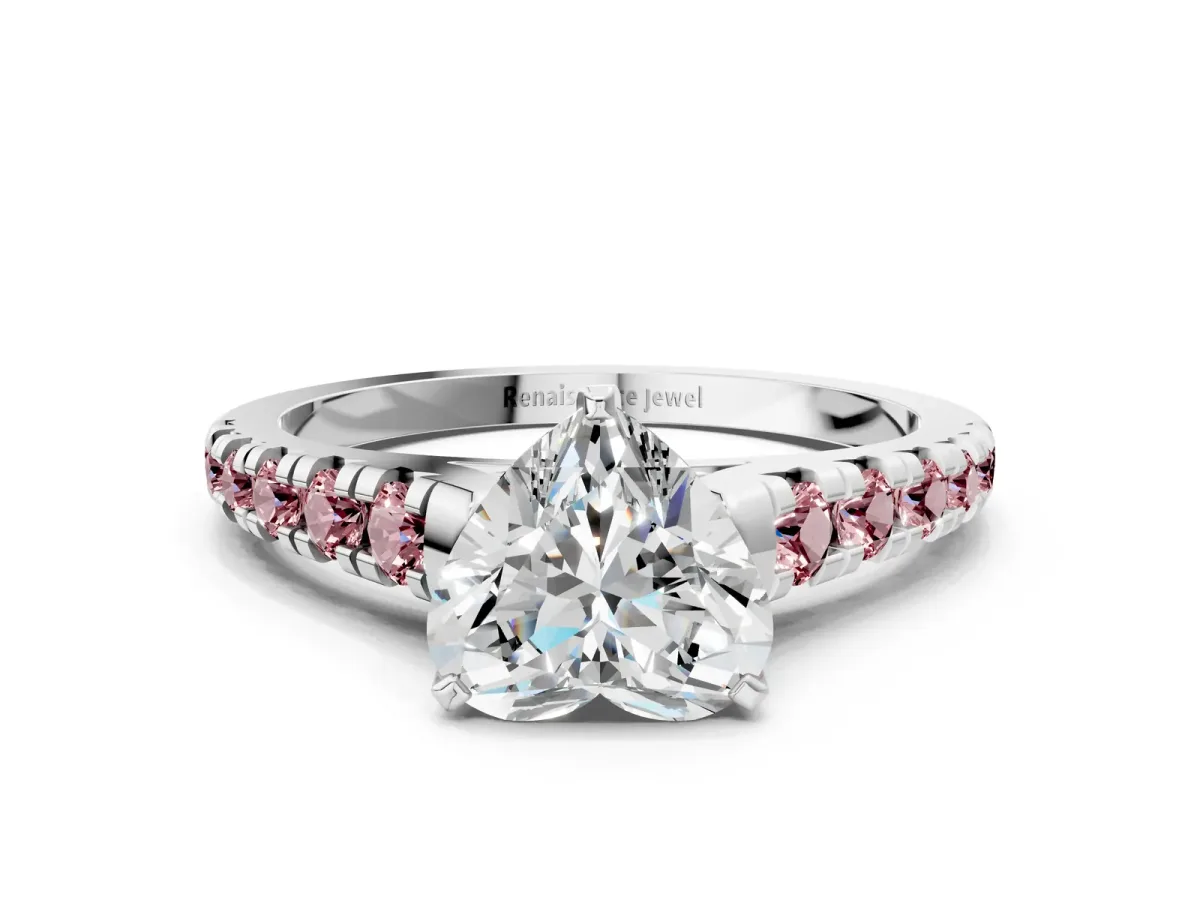 Heart Cut Diamond Cathedral Solitaire Ring with Round Morganite Pavé Band Platinum