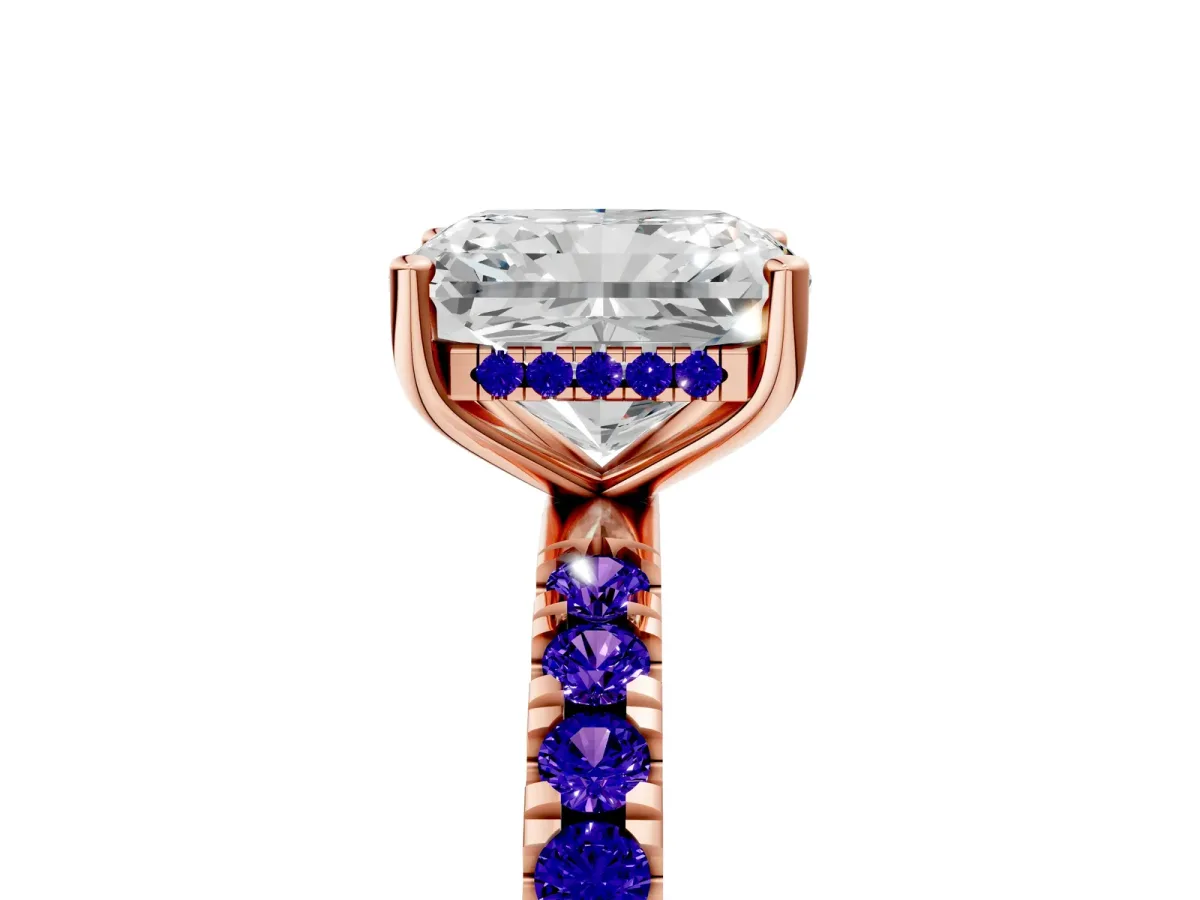 Radiant Cut Diamond Pave Band Solitaire Ring with Round Tanzanite and Prong Setting Rose gold