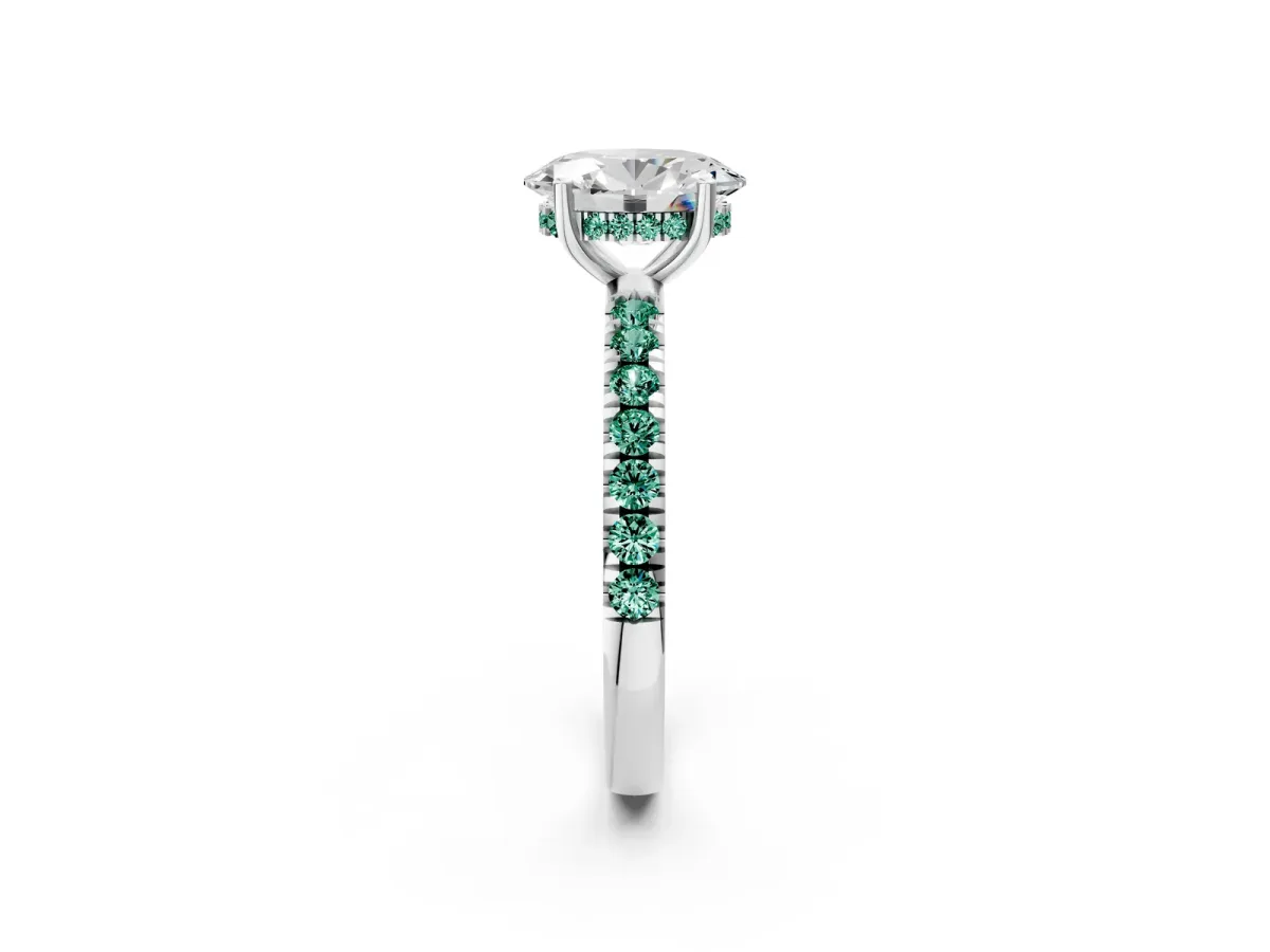 Oval Cut Diamond Pave Band Solitaire Ring with Round Green Sapphire and Prong Setting Silver