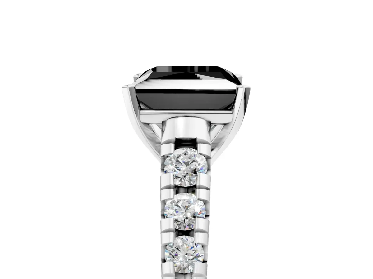 Fancy Black Princess Cut Diamond Cathedral Solitaire Ring with Round Pavé Band Silver