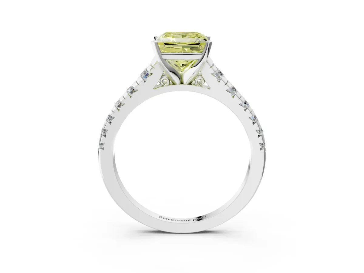 Fancy Yellow Princess Cut Diamond Cathedral Solitaire Ring with Round Pavé Band Platinum