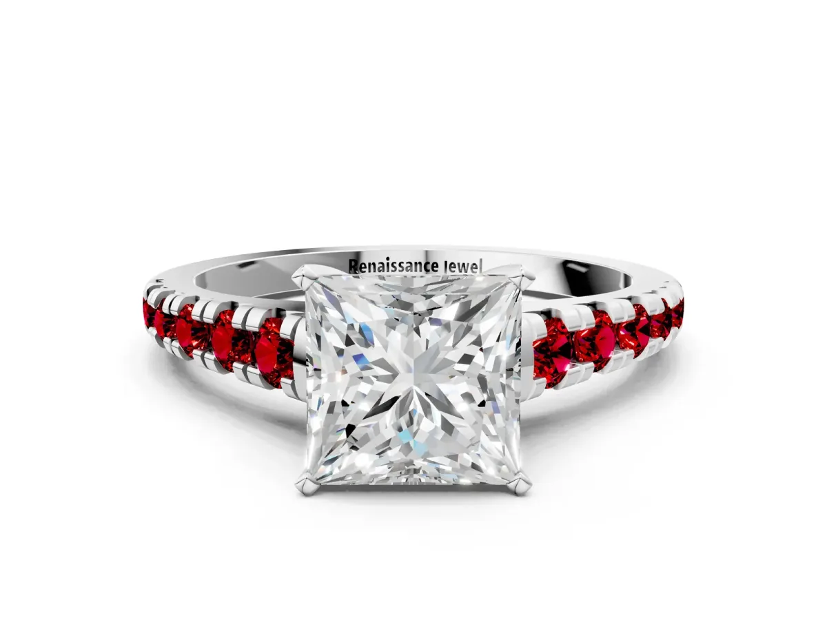 Princess Cut Diamond Cathedral Solitaire Ring with Round Ruby Pavé Band Platinum