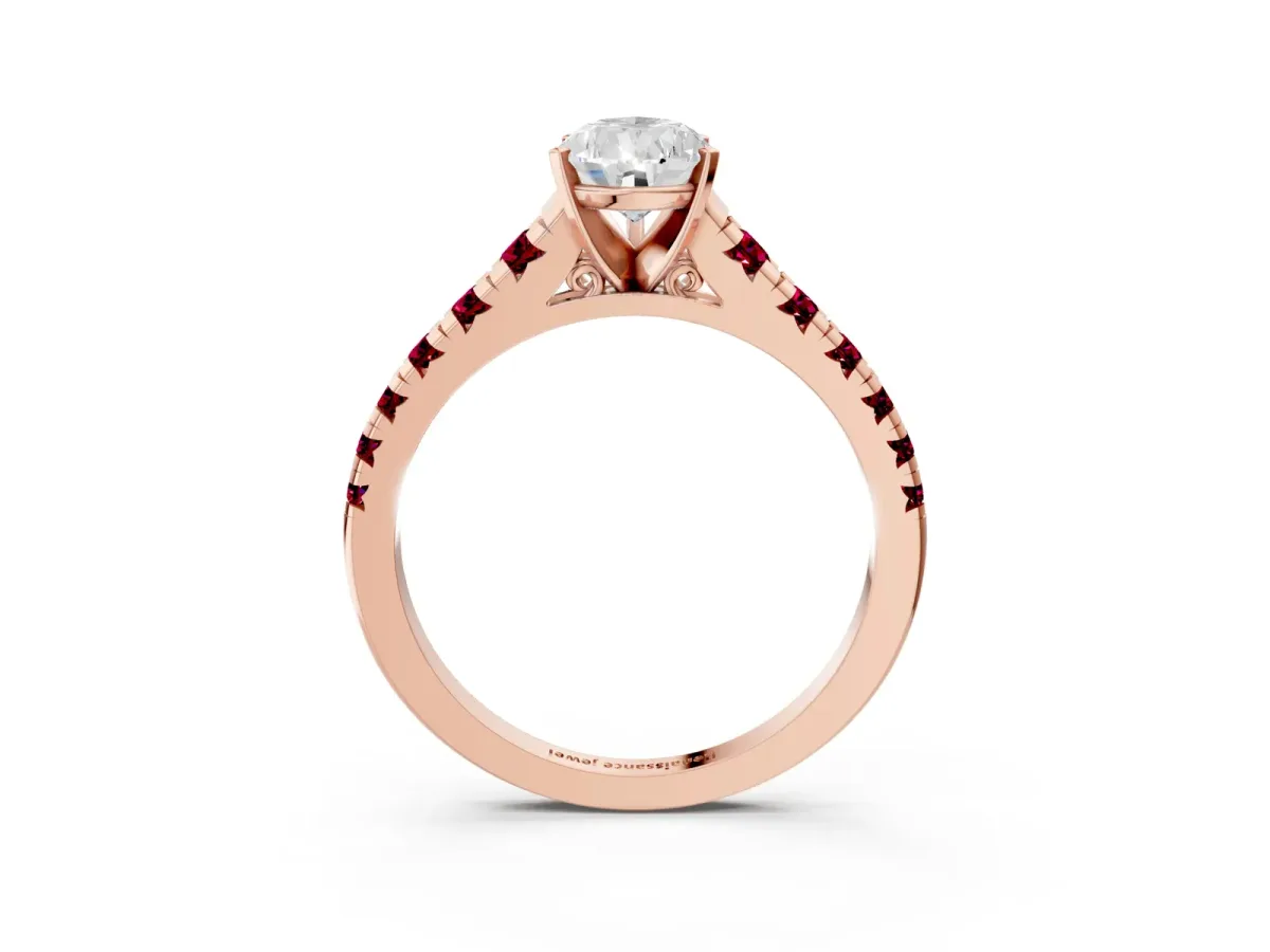 Pear Cut Diamond Cathedral Solitaire Ring with Round Garnet Pavé Band Rose gold