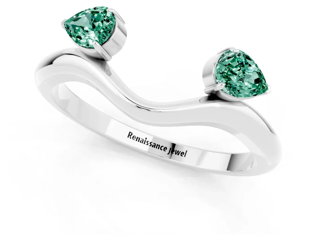 Pear Cut Green Sapphire Two-Stone Open Band Ring with Prong Setting White gold
