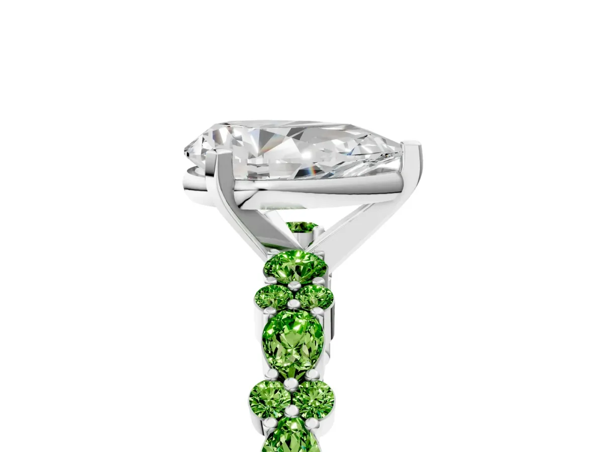 Pear Cut Diamond Side Stone Solitaire Ring with Round Peridot and Four-Prong Setting Platinum