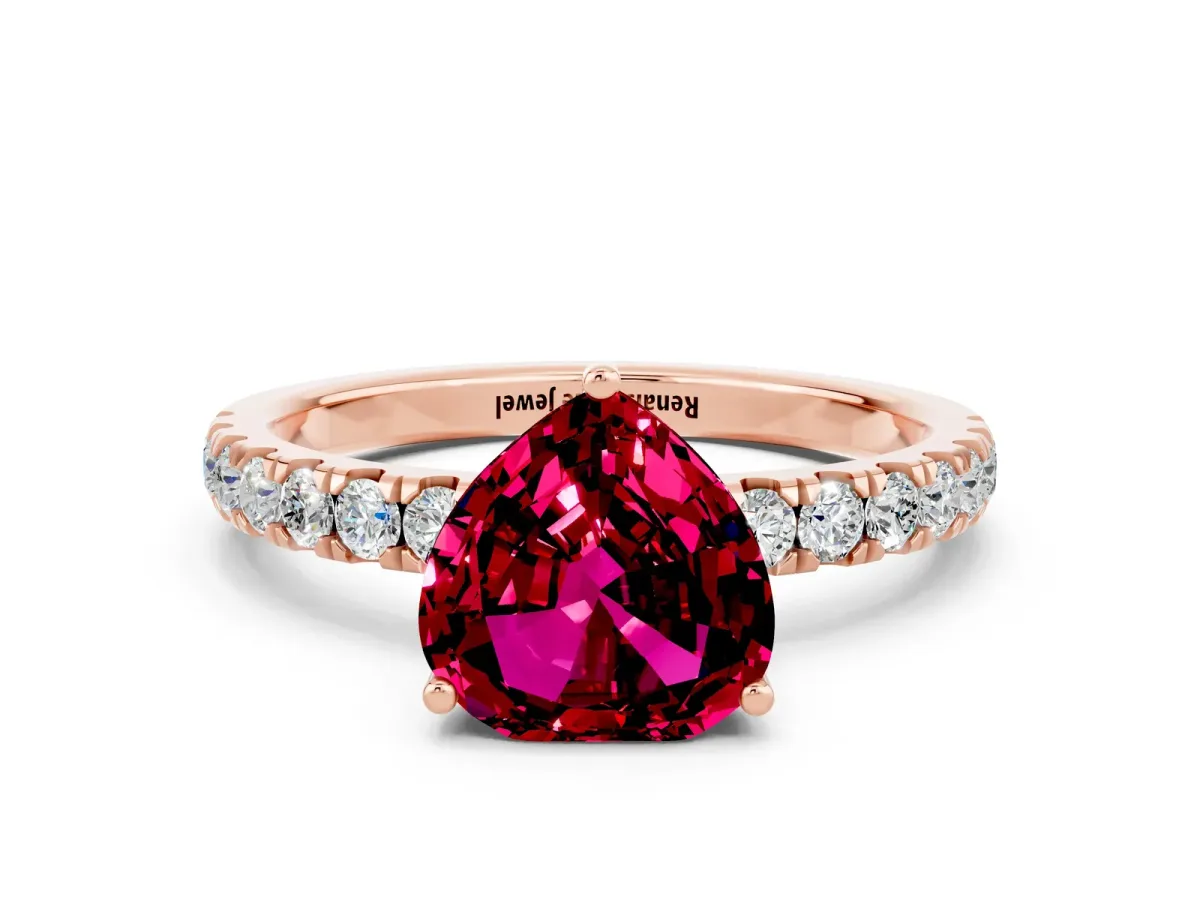 Heart Cut Garnet Pave Band Solitaire Ring with Round and Prong Setting Rose gold