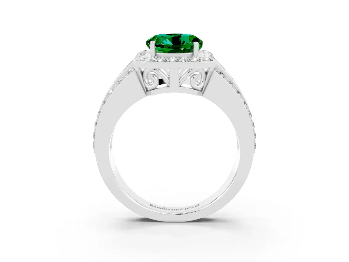 Round Cut Halo Emerald Ring with Round Split Shank and Prong Setting Platinum