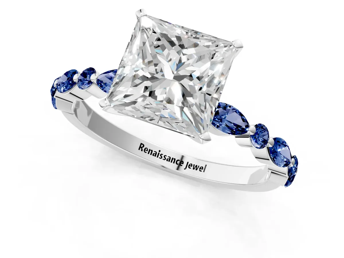 Princess Cut Diamond Ring with Marquise and Round Blue Sapphire Side Stones and Four-Prong Setting Platinum