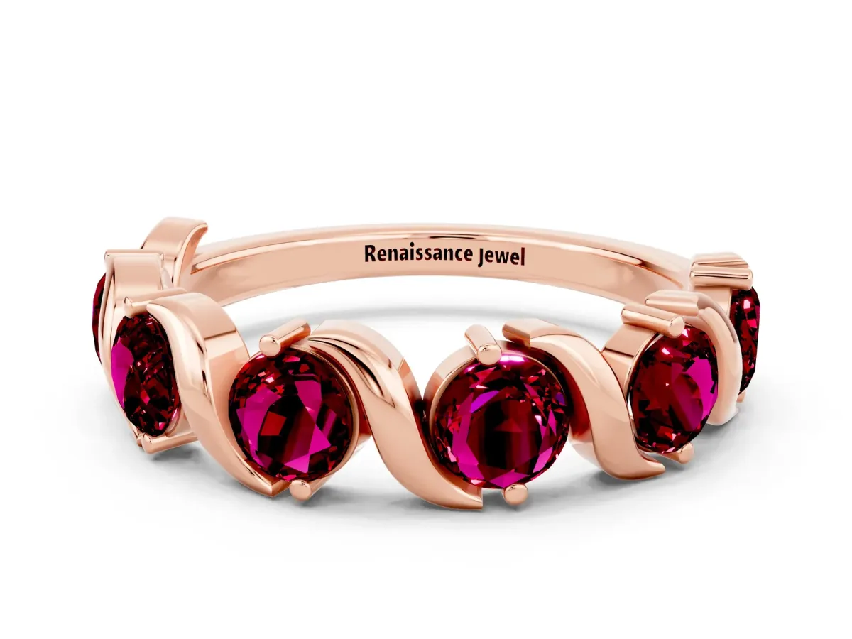 Round Garnet Half Eternity Band with Wave Prong Setting Rose gold
