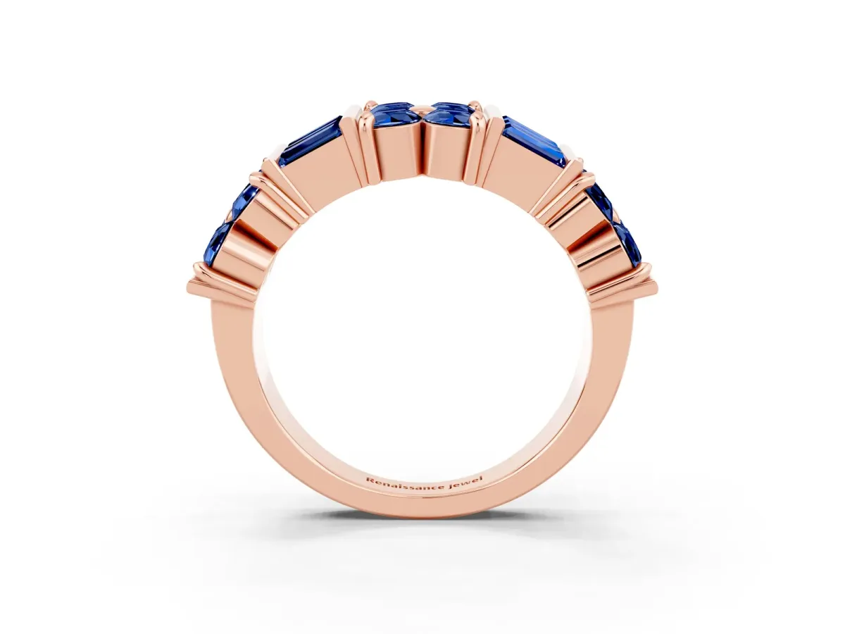 Channel Set Round and Baguette Blue Sapphire Anniversary Band with Prong Setting Rose gold