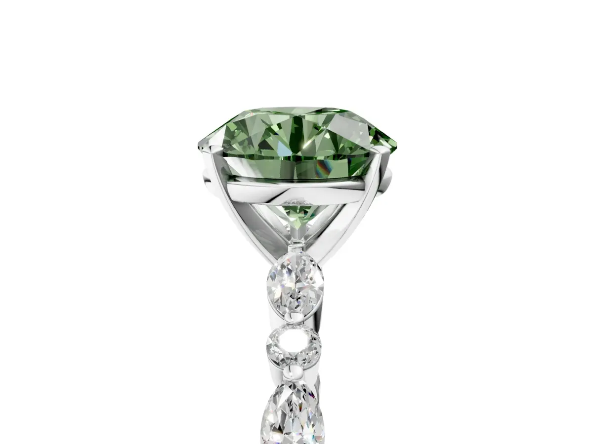 Fancy Green Round Cut Diamond Ring with Marquise and Round Side Stones and Four-Prong Setting Silver