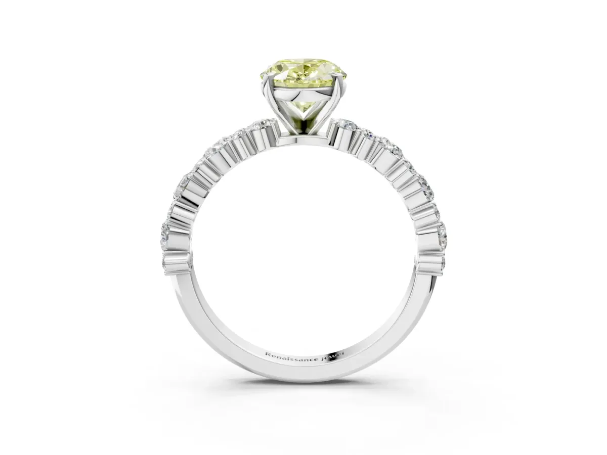 Fancy Yellow Oval Cut Diamond Side Stone Solitaire Ring with Round and Four-Prong Setting Platinum