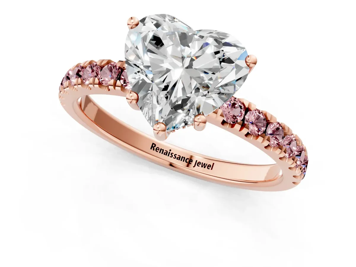Heart Cut Diamond Pave Band Solitaire Ring with Round Morganite and Prong Setting Rose gold