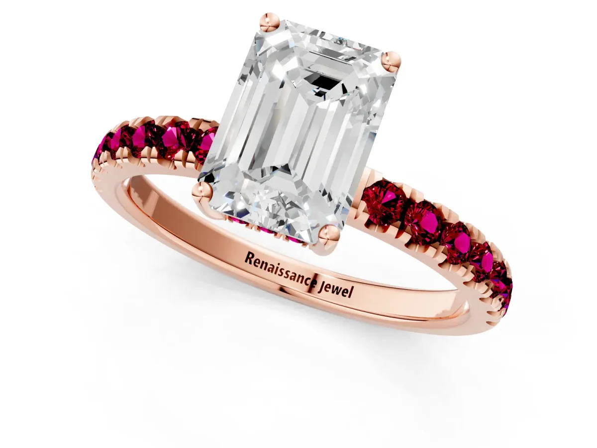 Emerald Cut Diamond Pave Band Solitaire Ring with Round Garnet and Prong Setting Rose gold