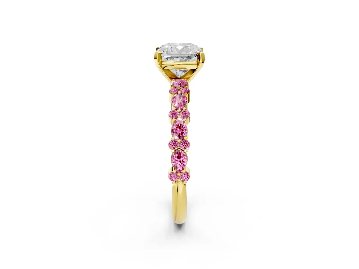Cushion Cut Diamond Side Stone Solitaire Ring with Round Pink Sapphire and Four-Prong Setting Yellow gold