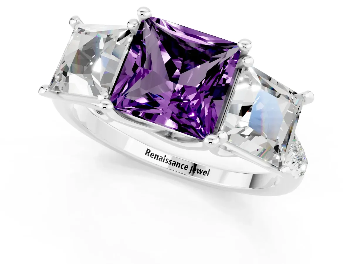 Three-Stone Princess Cut Amethyst Ring with Round Pavé Band and Prong Setting Platinum
