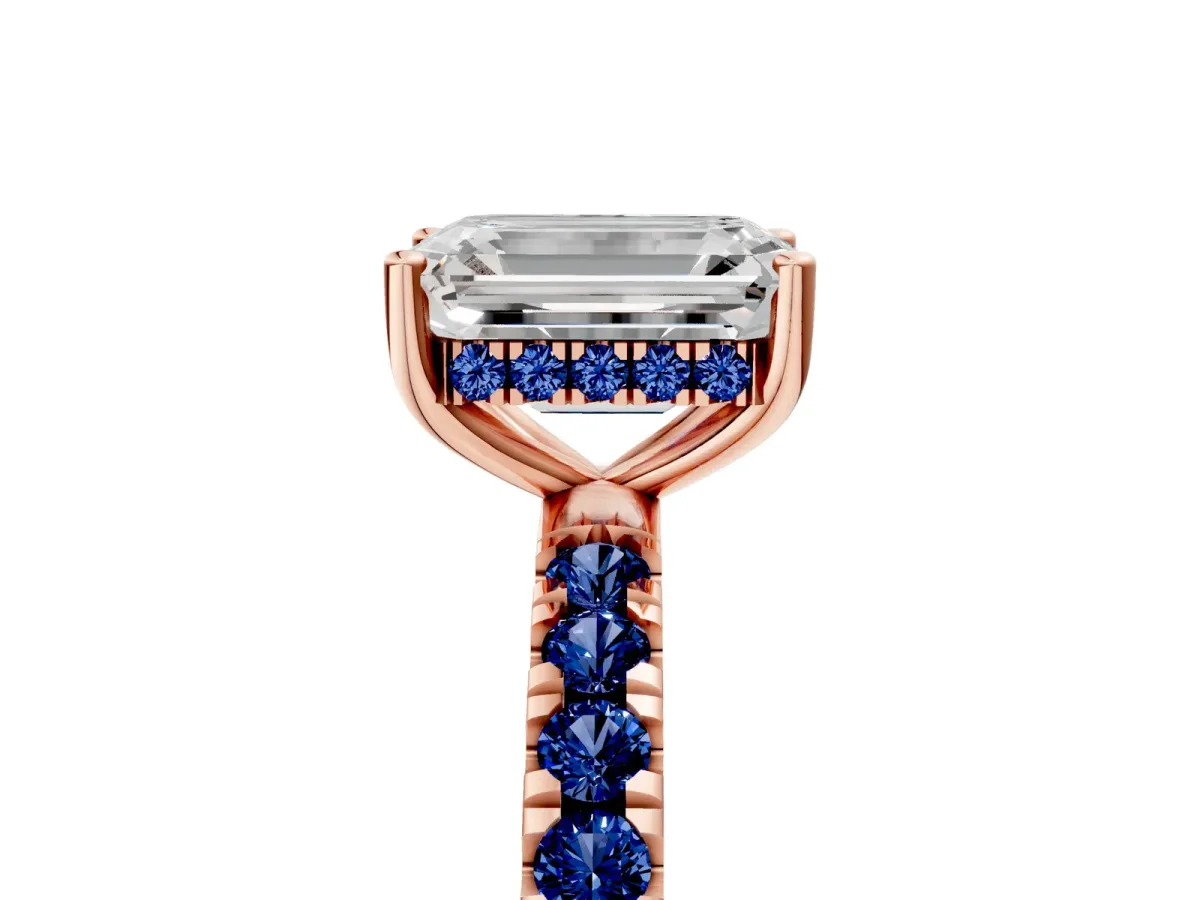Emerald Cut Diamond Pave Band Solitaire Ring with Round Blue Sapphire and Prong Setting Rose gold