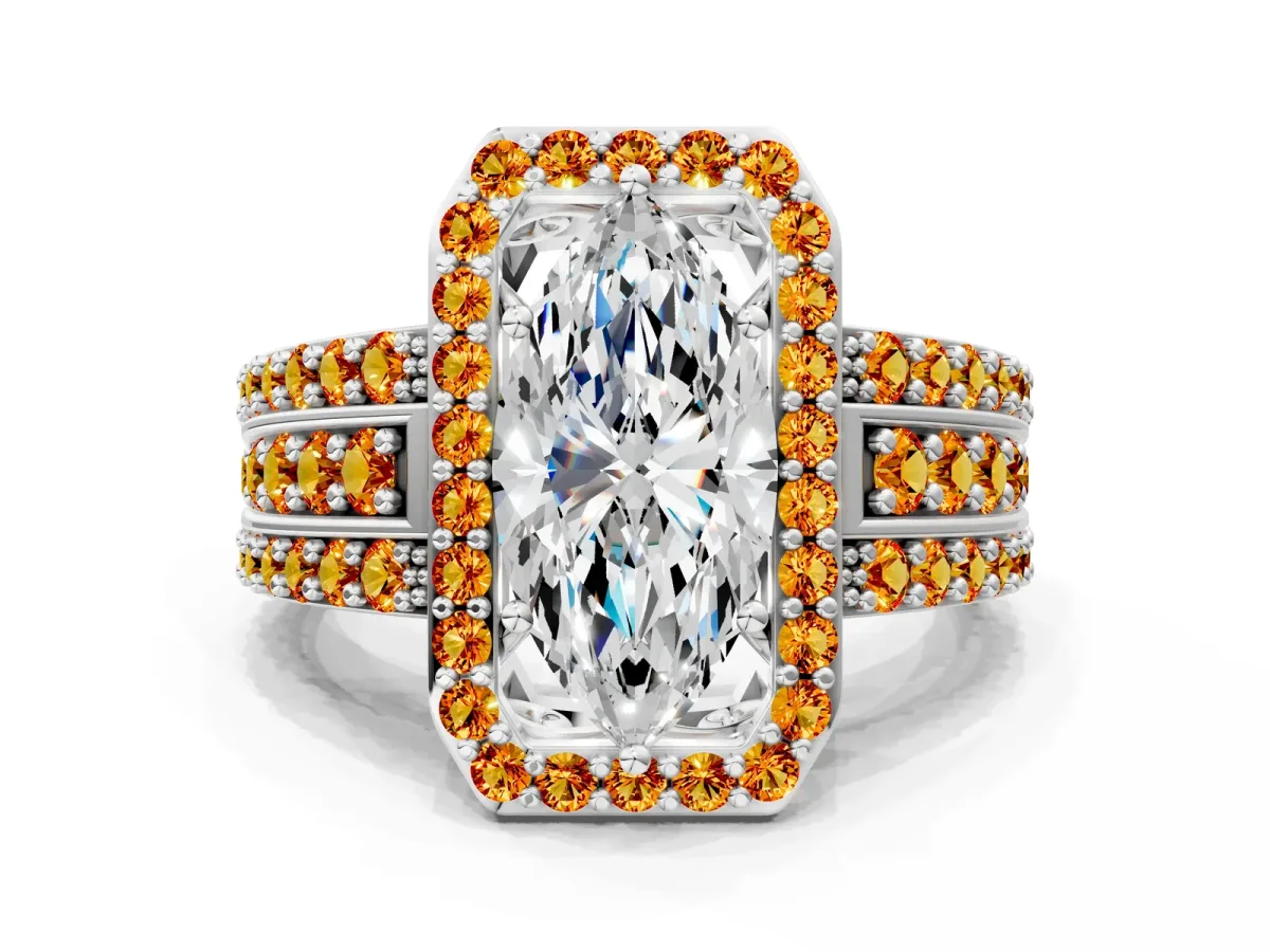 Marquise Cut Halo Diamond Ring with Round Citrine Split Shank and Prong Setting Silver