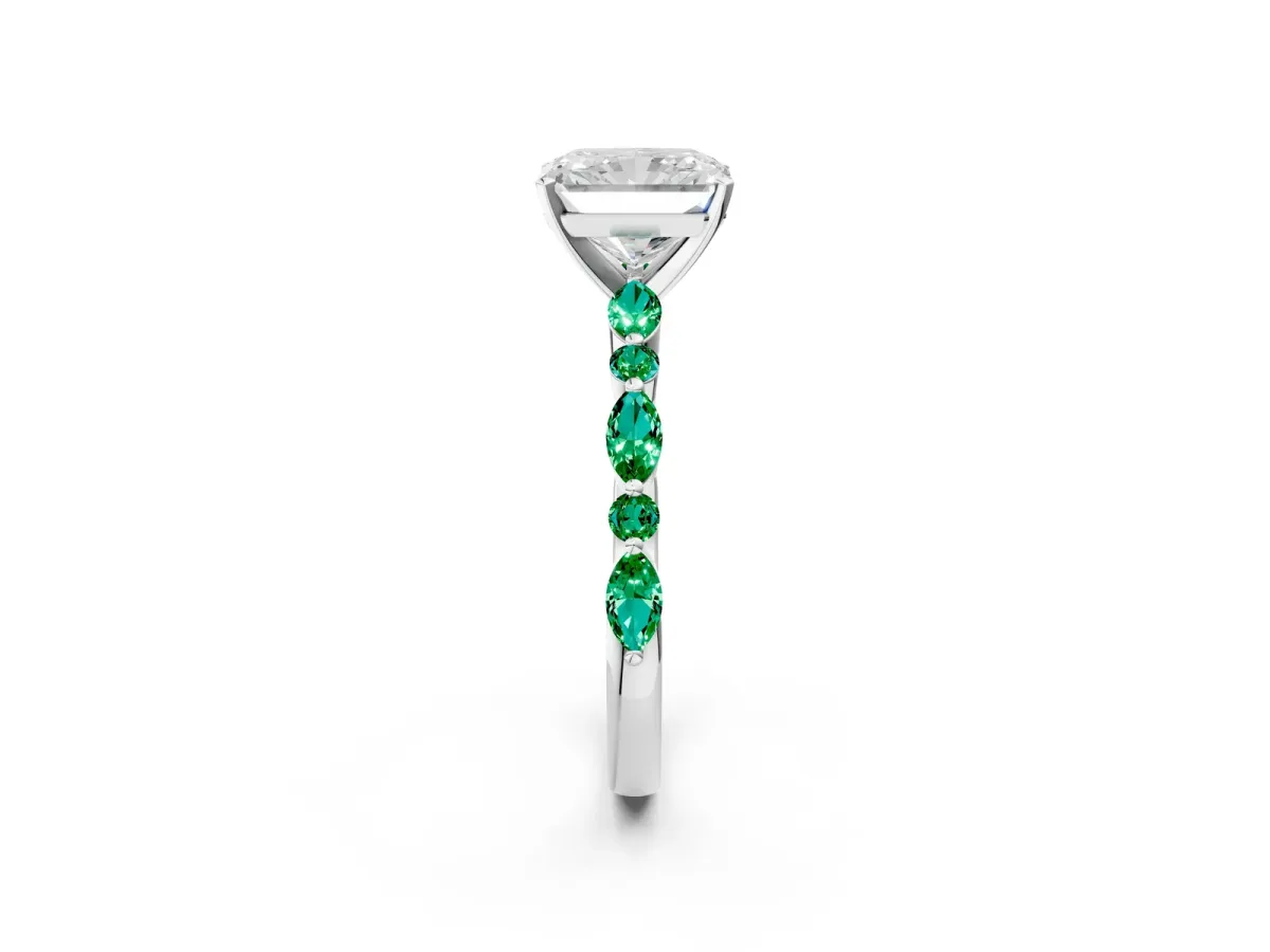 Radiant Cut Diamond Ring with Marquise and Round Emerald Side Stones and Four-Prong Setting Platinum