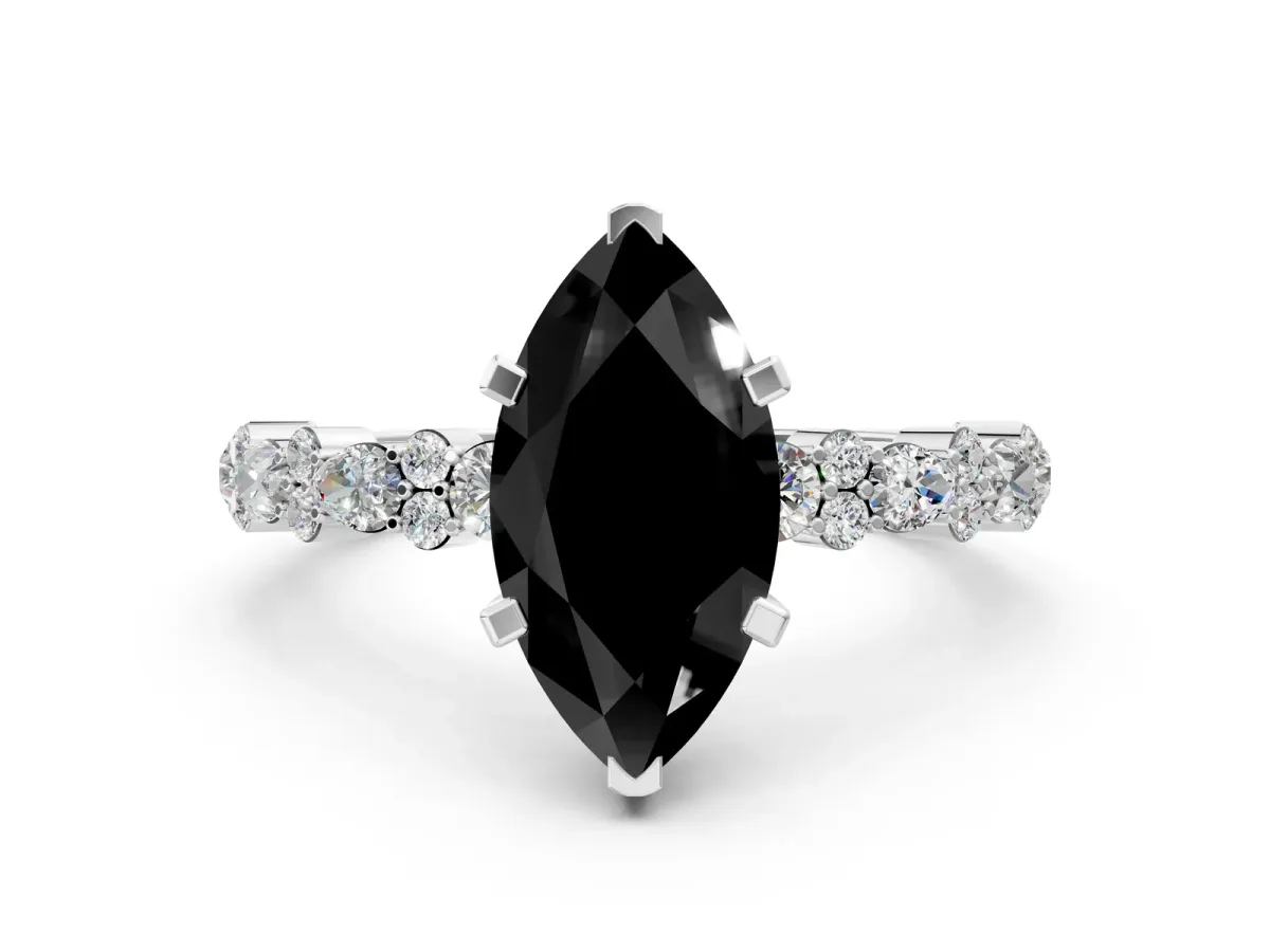 Fancy Black Marquise Cut Diamond Side Stone Solitaire Ring with Round and Four-Prong Setting White gold