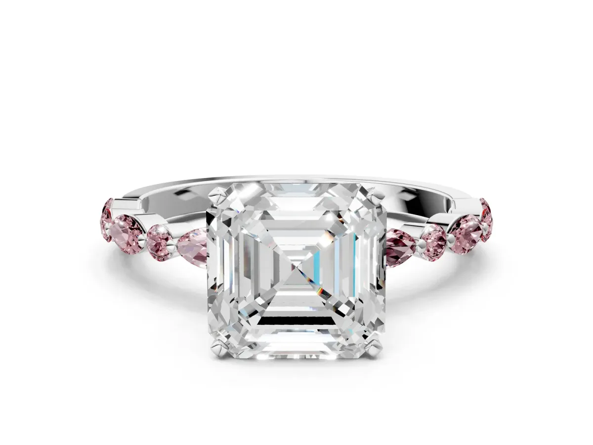 Asscher Cut Diamond Ring with Marquise and Round Morganite Side Stones and Four-Prong Setting Silver