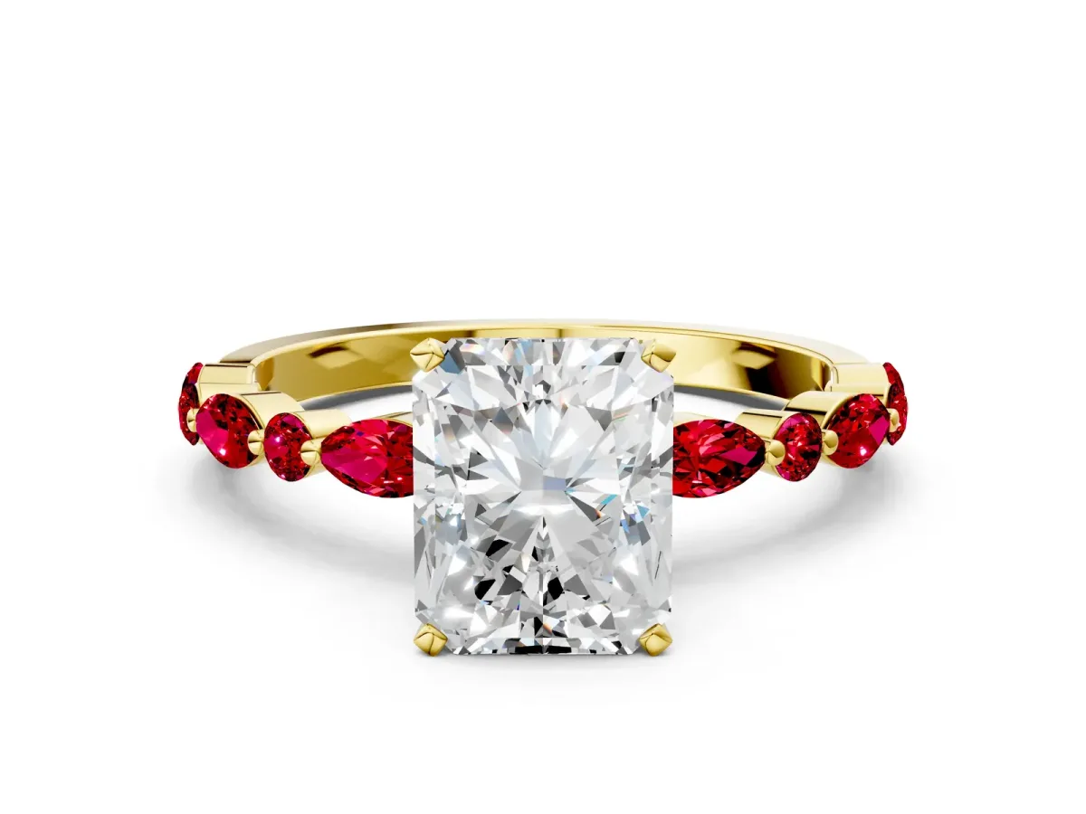 Radiant Cut Diamond Ring with Marquise and Round Ruby Side Stones and Four-Prong Setting Yellow gold