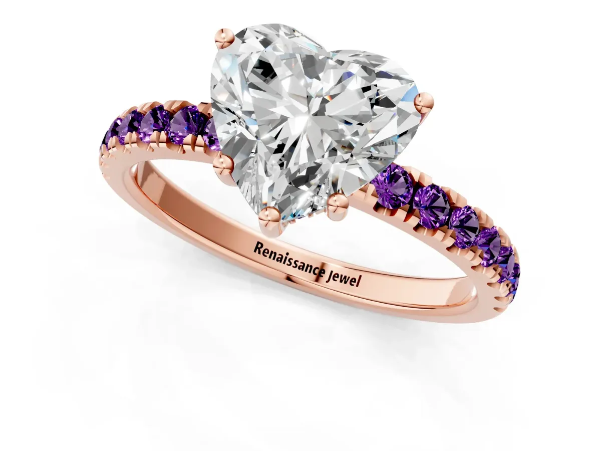 Heart Cut Diamond Pave Band Solitaire Ring with Round Amethyst and Prong Setting Rose gold