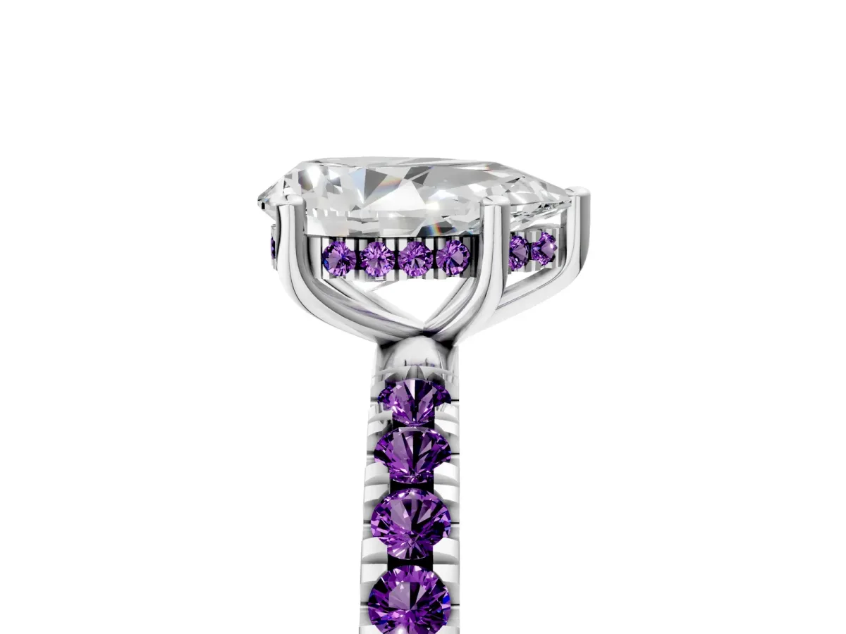 Pear Cut Diamond Pave Band Solitaire Ring with Round Amethyst and Prong Setting Platinum