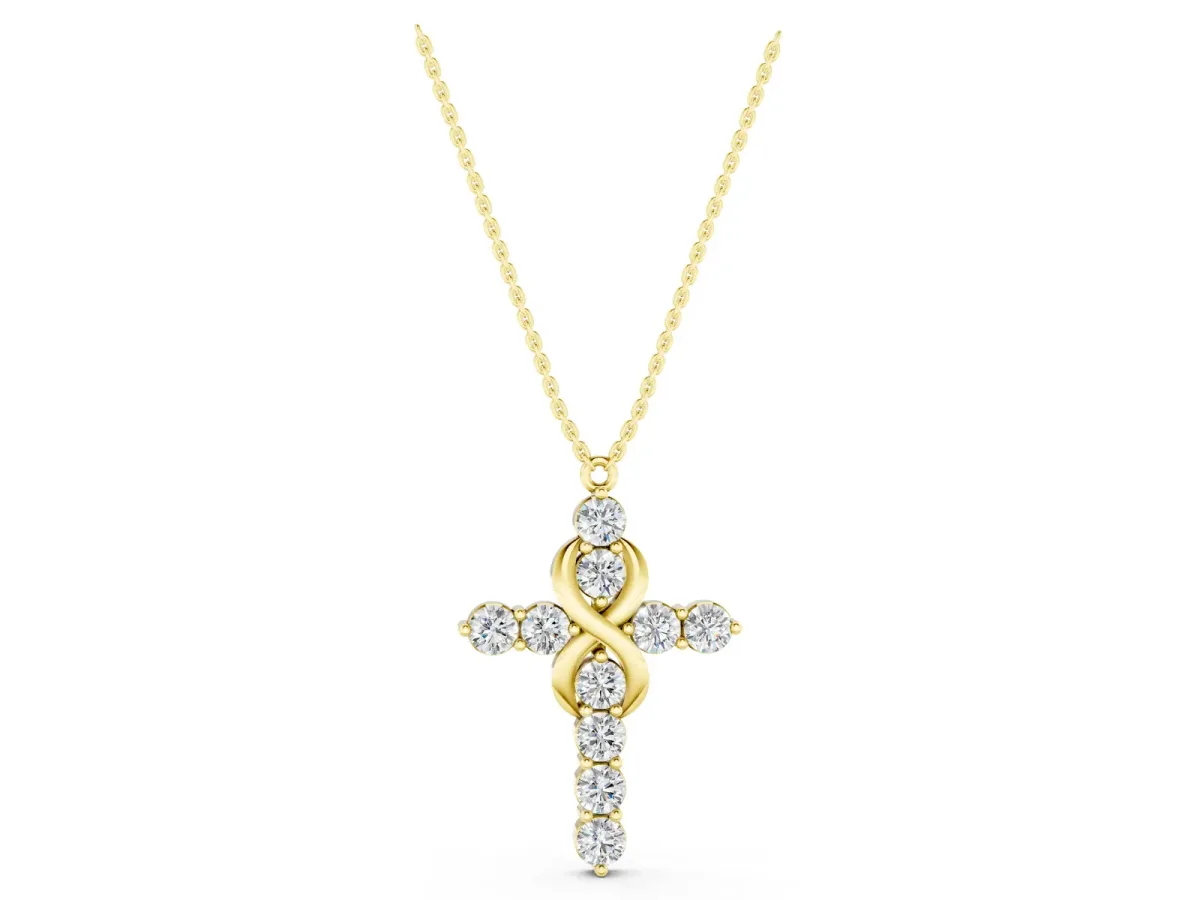 Round Diamond Prong Set Infinity Cross Pendant Yellow gold