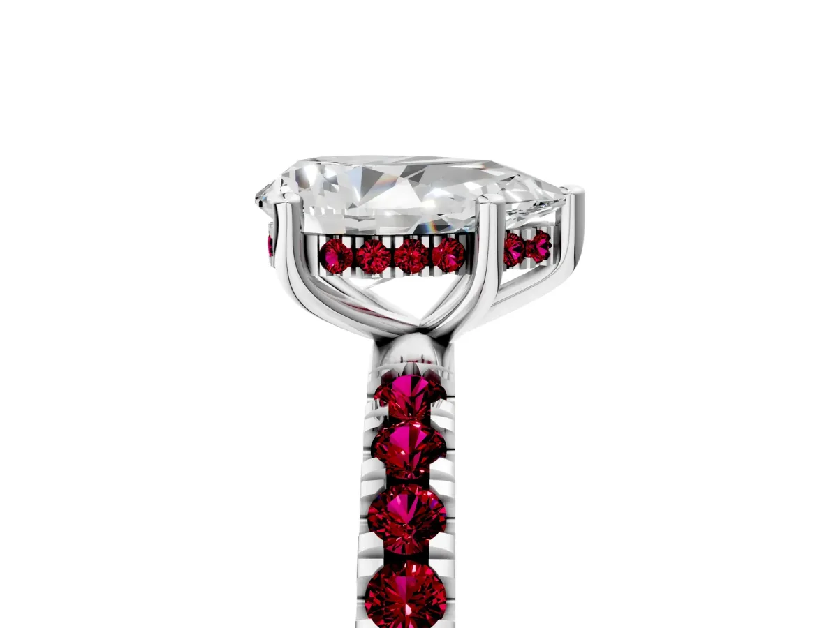 Pear Cut Diamond Pave Band Solitaire Ring with Round Garnet and Prong Setting White gold