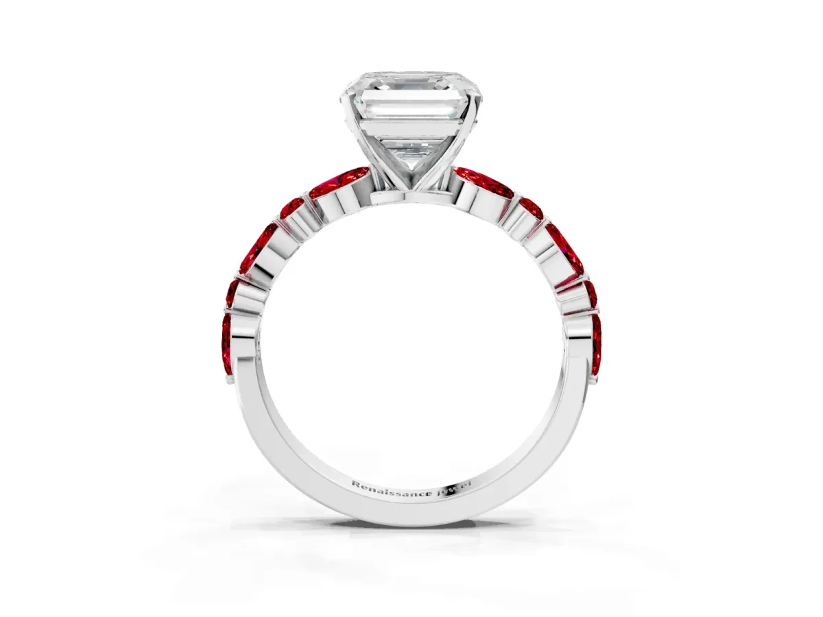 Asscher Cut Diamond Ring with Marquise and Round Ruby Side Stones and Four-Prong Setting Silver