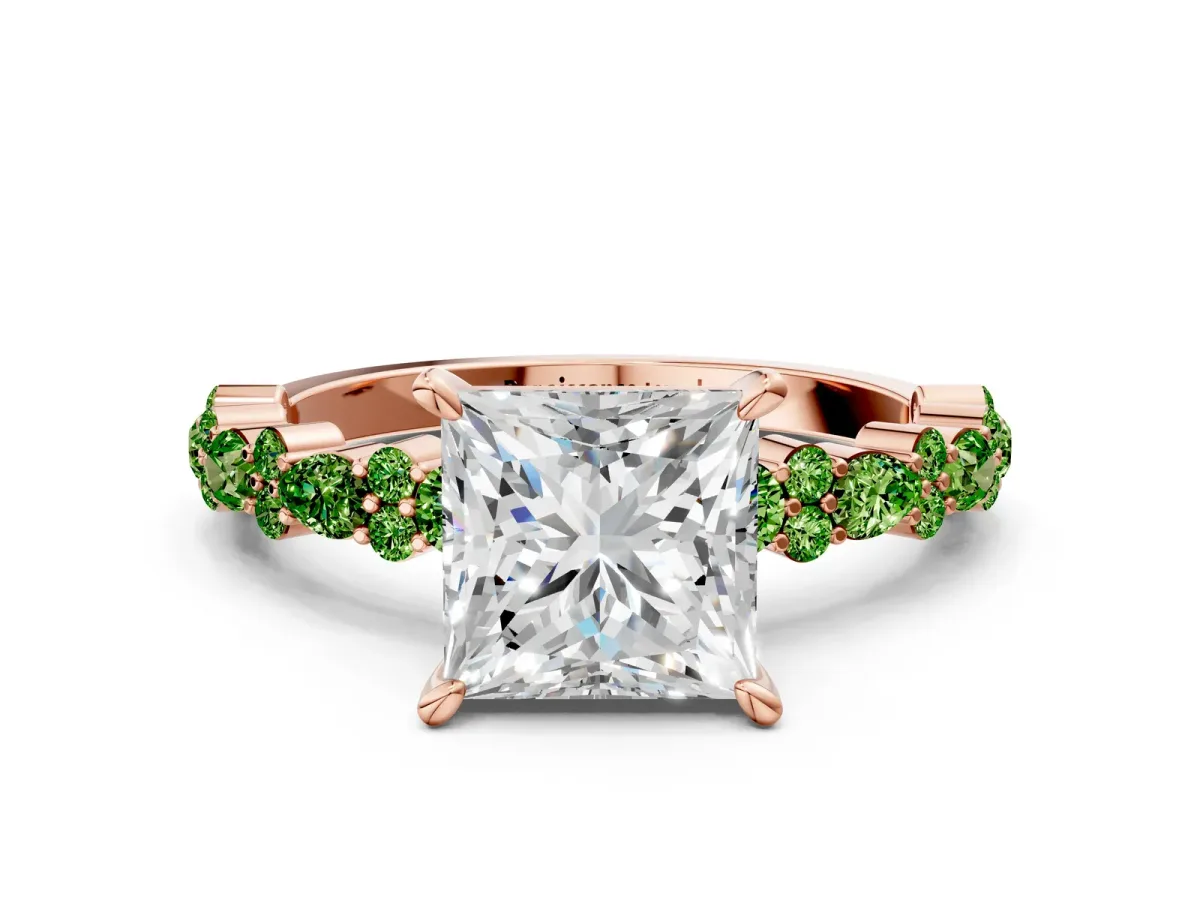 Princess Cut Diamond Side Stone Solitaire Ring with Round Peridot and Four-Prong Setting Rose gold