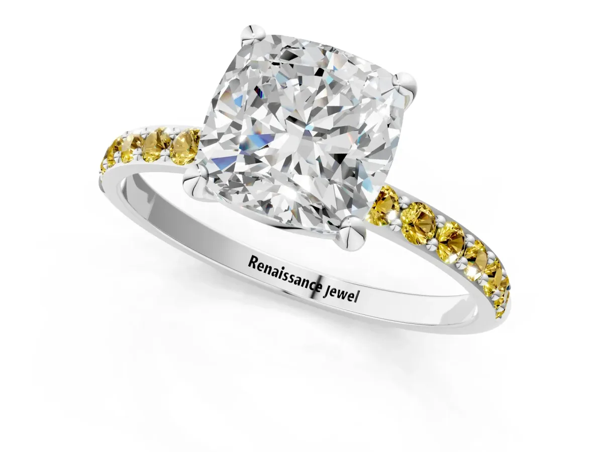 Cushion Cut Diamond Solitaire Ring with Round Yellow Sapphire Pavé Band and Prong Setting Silver
