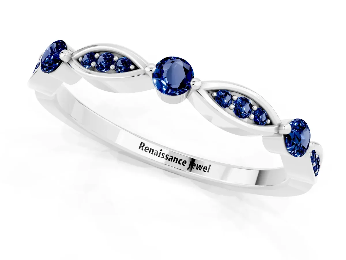 Marquise and Round Blue Sapphire Milgrain Band with Bezel Setting Silver