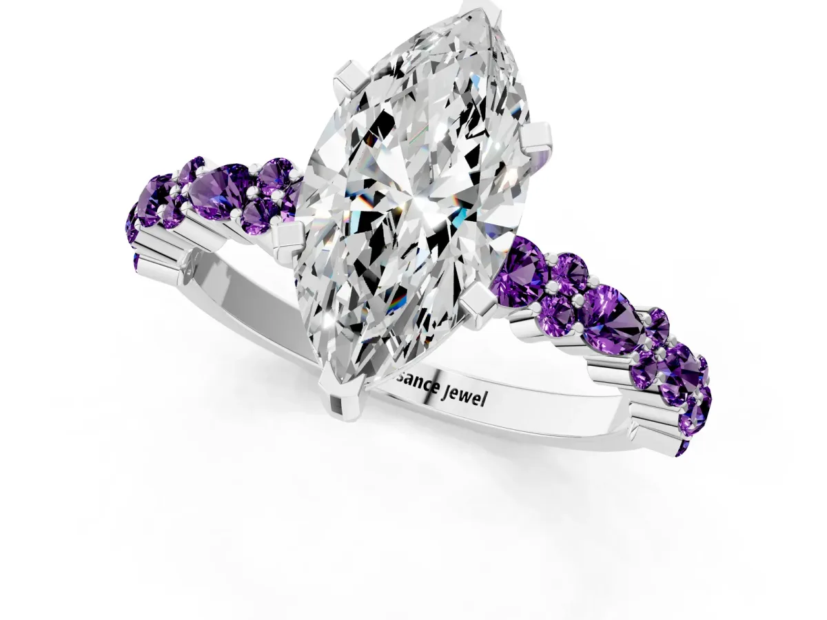 Marquise Cut Diamond Side Stone Solitaire Ring with Round Amethyst and Four-Prong Setting Platinum