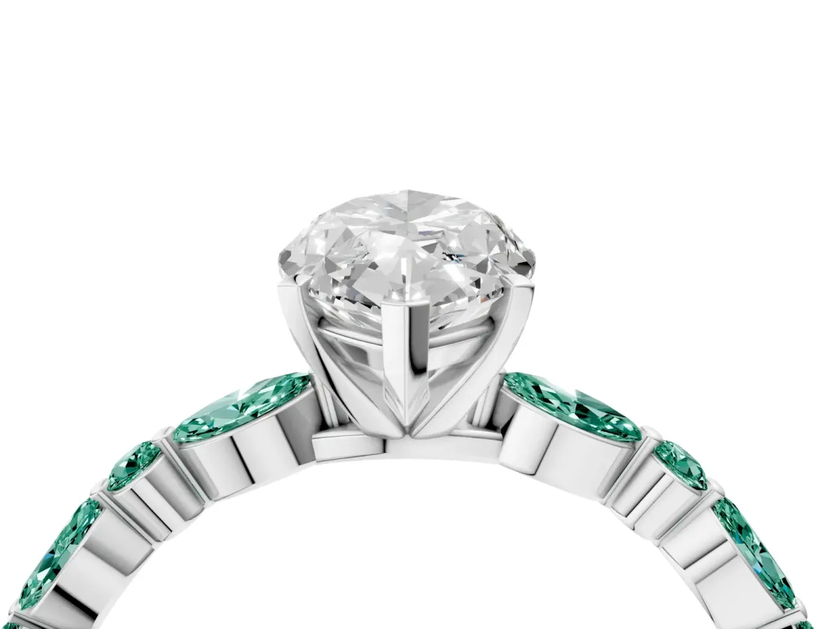 Marquise Cut Diamond Ring with Marquise and Round Green Sapphire Side Stones and Four-Prong Setting Silver