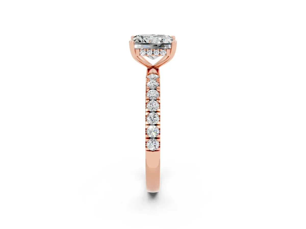Princess Cut Moissanite Pave Band Solitaire Ring with Round and Prong Setting Rose gold