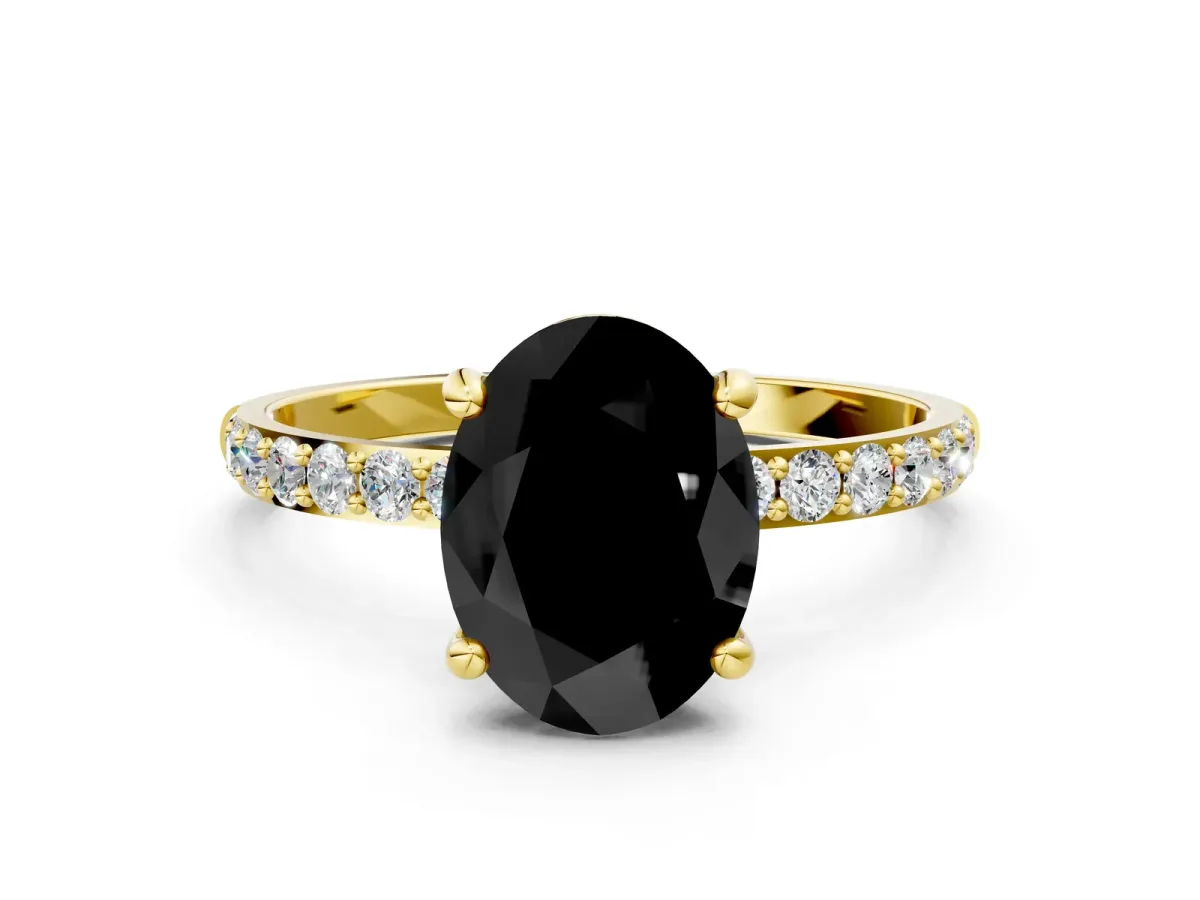 Fancy Black Oval Cut Diamond Solitaire Ring with Round Pavé Band and Prong Setting Yellow gold