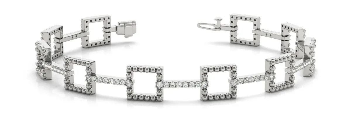 Beaded Square Link Bracelet with Round Cut Diamonds and Channel Setting White gold