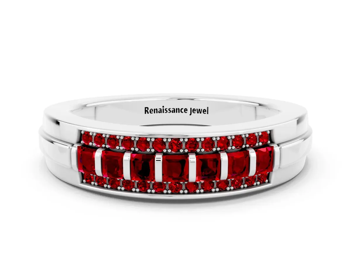 Bar-Set Princess Cut Ruby Pavé Band White gold