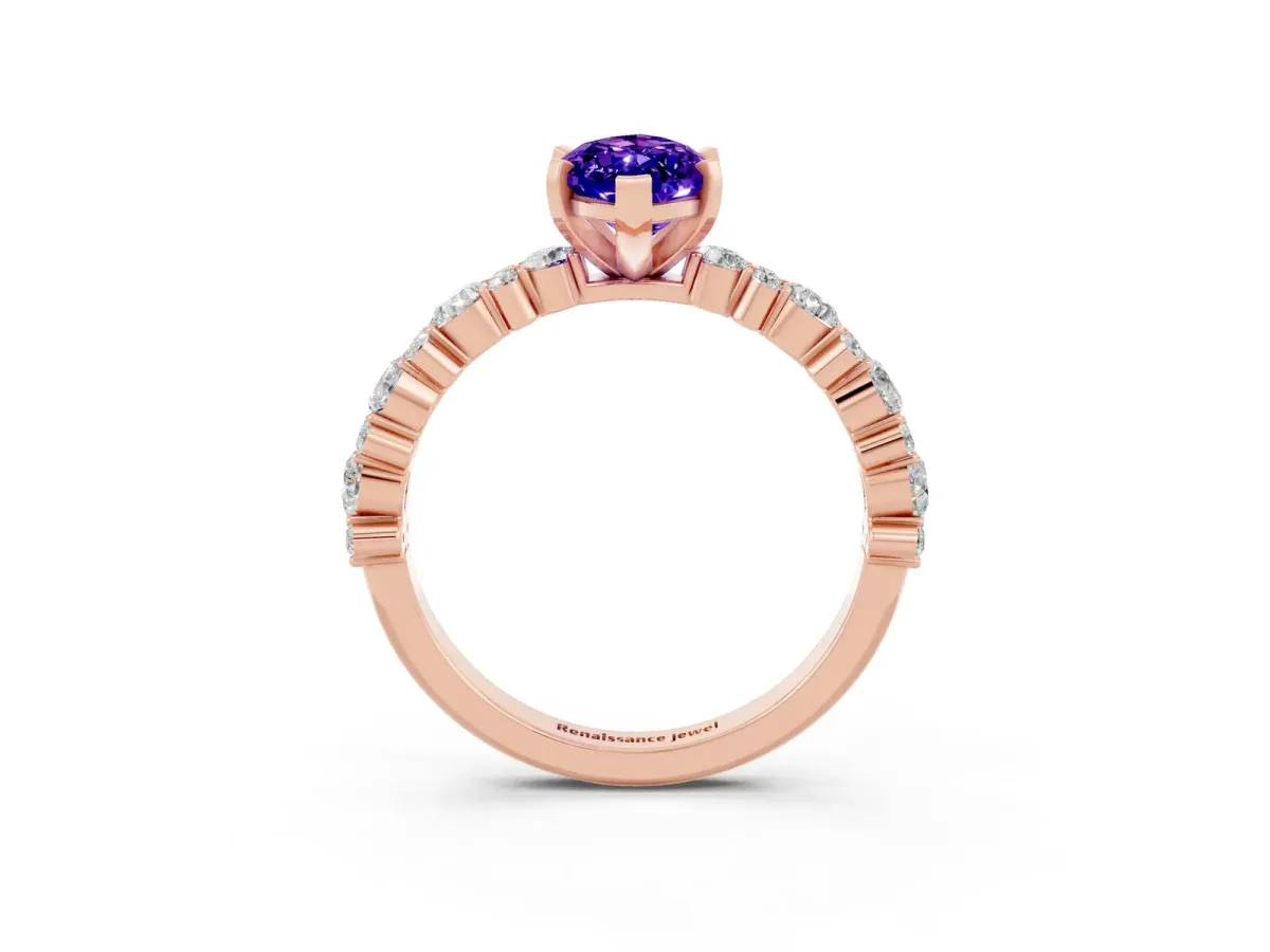 Marquise Cut Tanzanite Side Stone Solitaire Ring with Round and Four-Prong Setting Rose gold