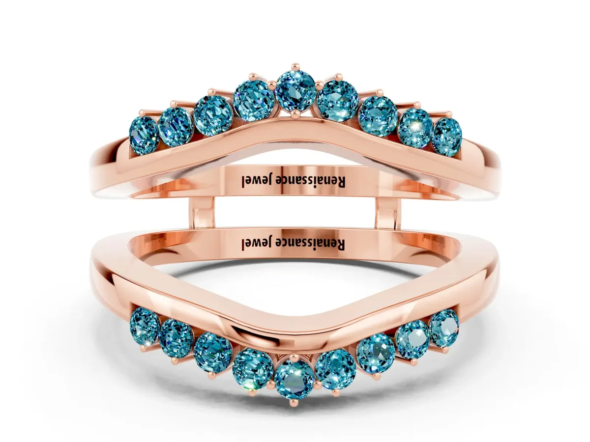 Round Blue Topaz Chevron Contour Band with Prong Setting Rose gold