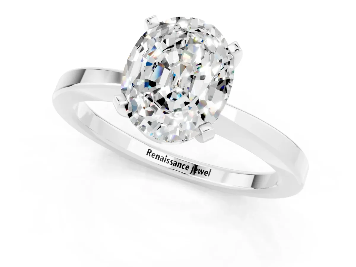 Oval Cut Moissanite Solitaire Engagement Ring with Classic Band and Four-Prong Setting Silver