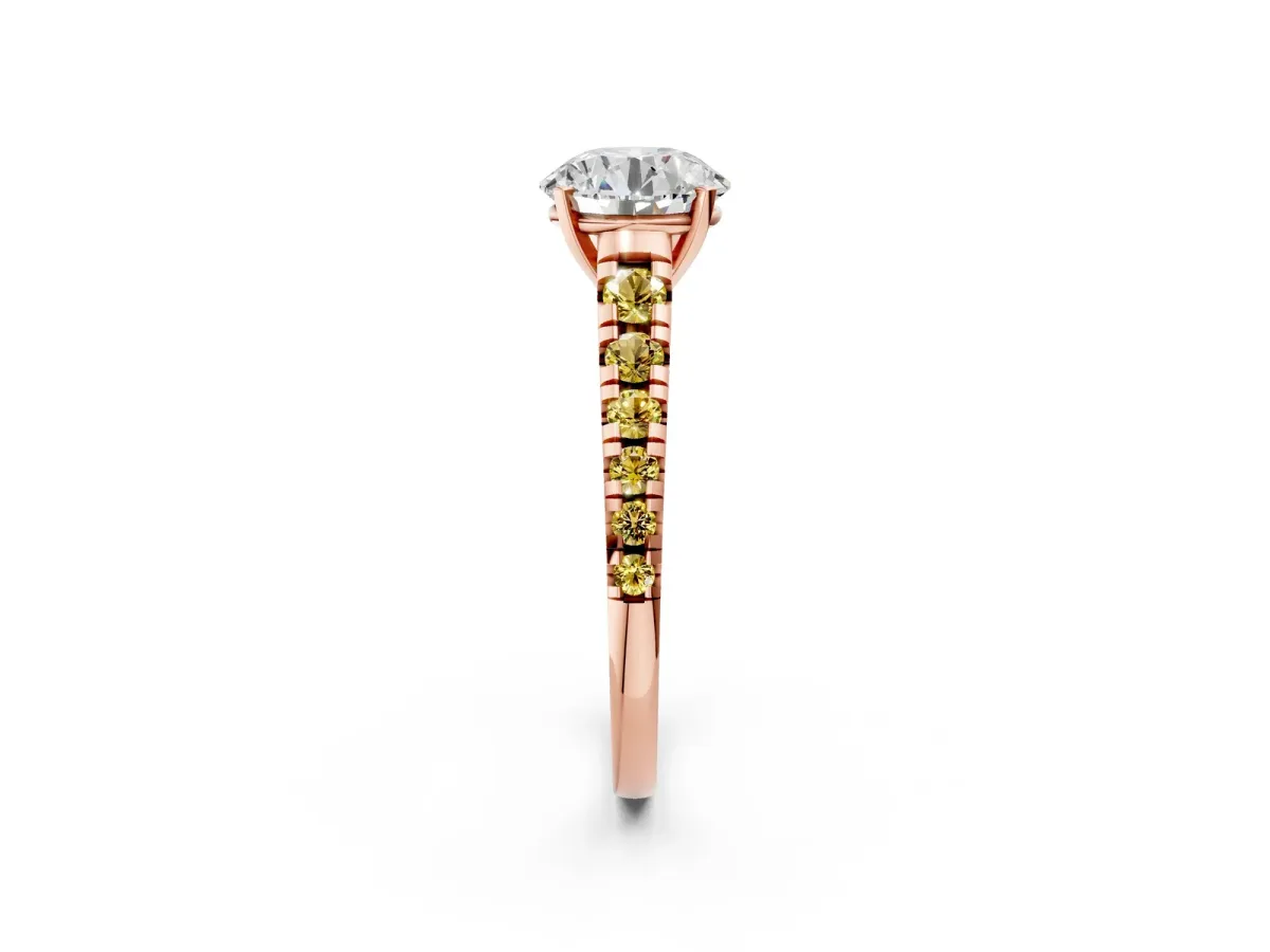 Round Cut Diamond Cathedral Solitaire Ring with Round Yellow Sapphire Pavé Band Rose gold